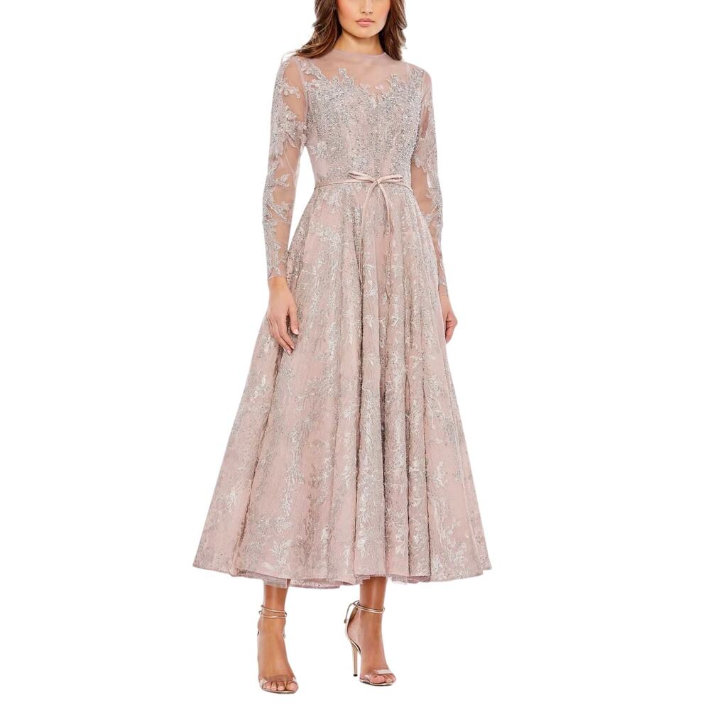 Mac Duggal 20337 Rose Pink Beaded Chiffon Gown Long Sleeve A-Line Dress Size 24